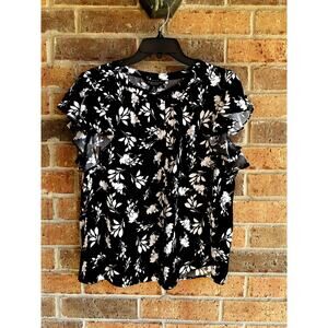 Investments Womens Black Floral Print Short Sleeve Blouse Size Petite Large NWT